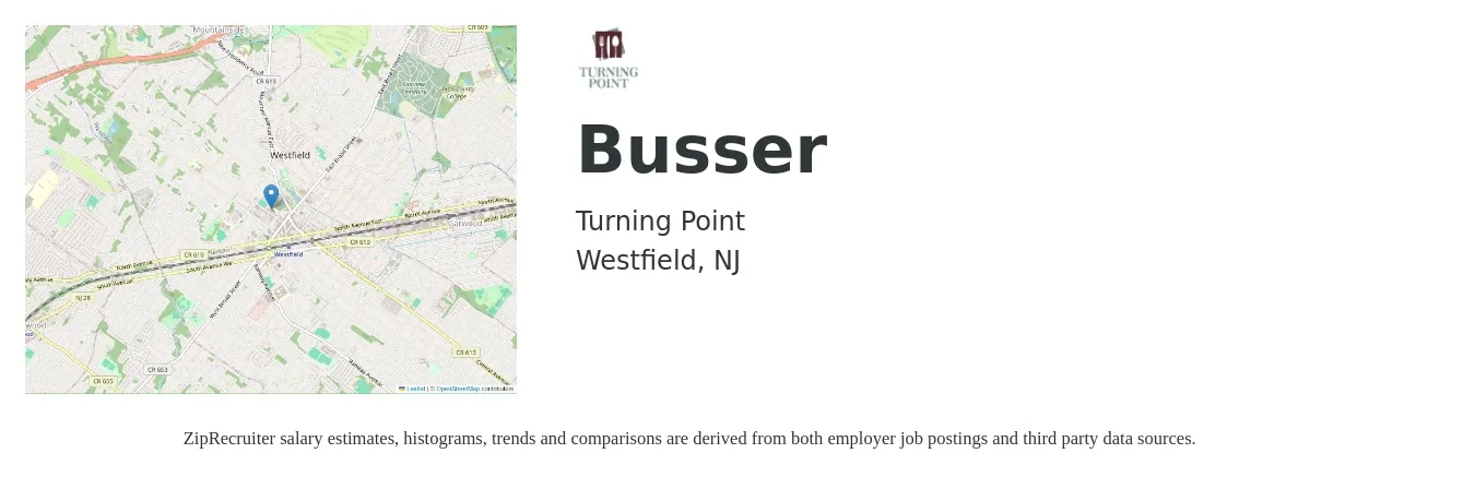 Turning Point job posting for a Busser in Westfield, NJ with a salary of $11 to $16 Hourly with a map of Westfield location.