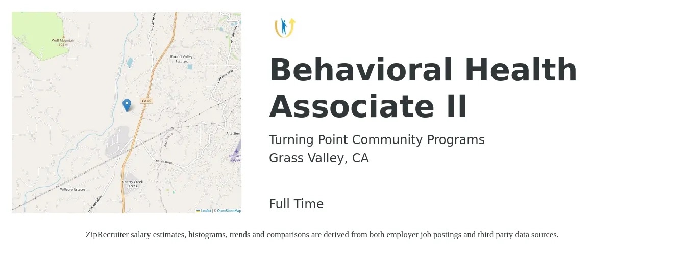 Turning Point Community Programs job posting for a Behavioral Health Associate II in Grass Valley, CA with a salary of $24 to $38 Hourly with a map of Grass Valley location.