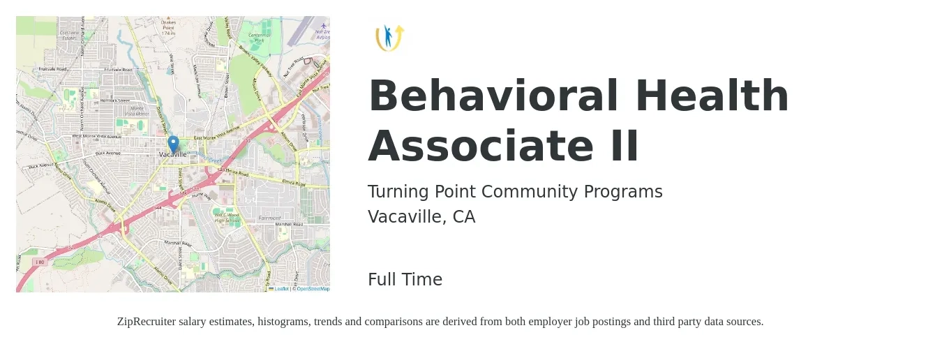 Turning Point Community Programs job posting for a Behavioral Health Associate II in Vacaville, CA with a salary of $23 to $38 Hourly with a map of Vacaville location.