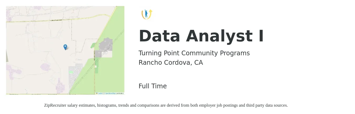 Turning Point Community Programs job posting for a Data Analyst I in Rancho Cordova, CA with a salary of $66,700 to $103,500 Yearly with a map of Rancho Cordova location.
