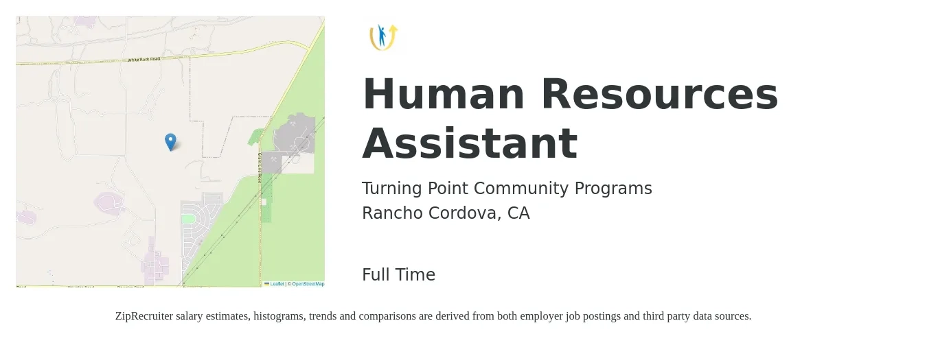 Turning Point Community Programs job posting for a Human Resources Assistant in Rancho Cordova, CA with a salary of $40,000 to $51,200 Yearly with a map of Rancho Cordova location.
