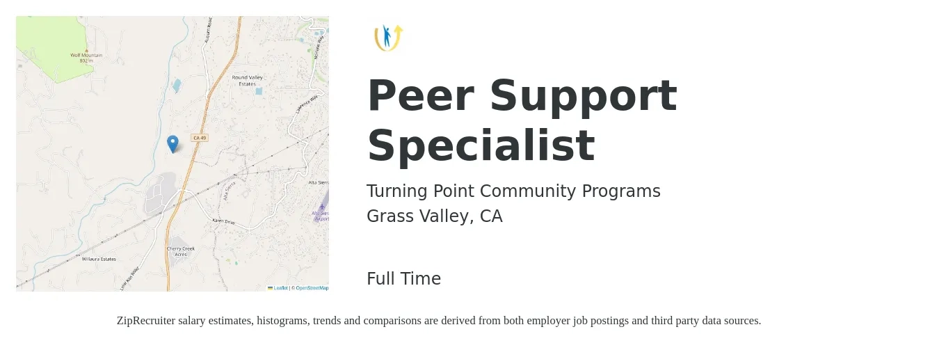 Turning Point Community Programs job posting for a Peer Support Specialist in Grass Valley, CA with a salary of $20 to $25 Hourly with a map of Grass Valley location.