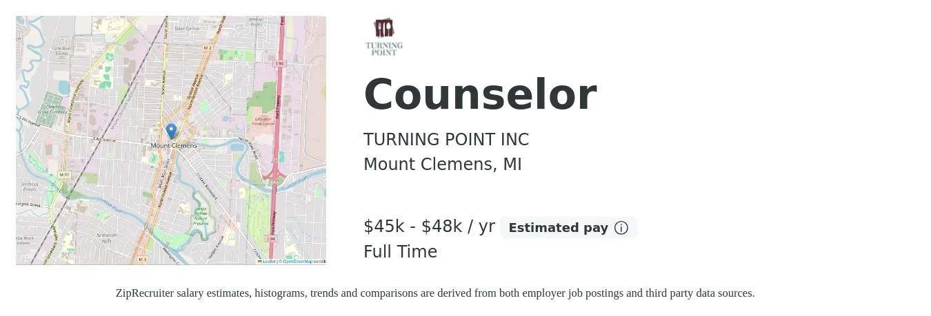 TURNING POINT INC job posting for a Counselor in Mount Clemens, MI with a salary of $45,000 to $48,000 Yearly with a map of Mount Clemens location.