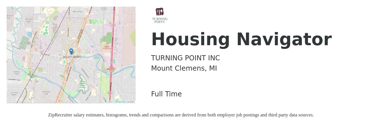 TURNING POINT INC job posting for a Housing Navigator in Mount Clemens, MI with a salary of $18 to $24 Hourly with a map of Mount Clemens location.