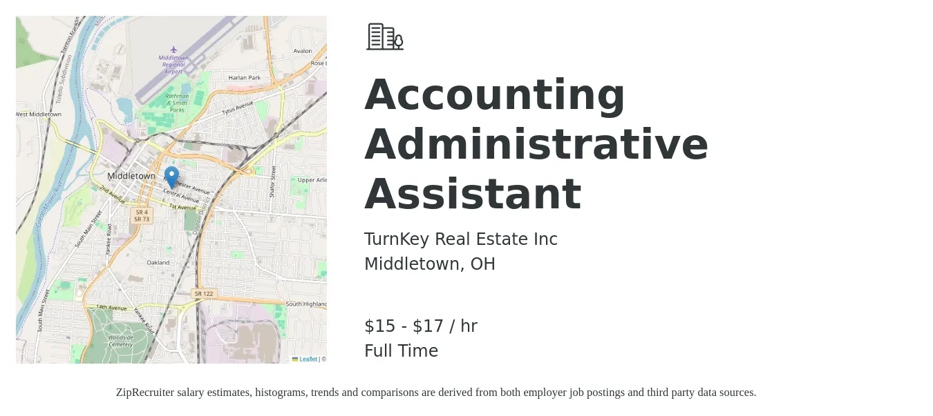 TurnKey Real Estate Inc job posting for a Accounting Administrative Assistant in Middletown, OH with a salary of $16 to $18 Hourly with a map of Middletown location.