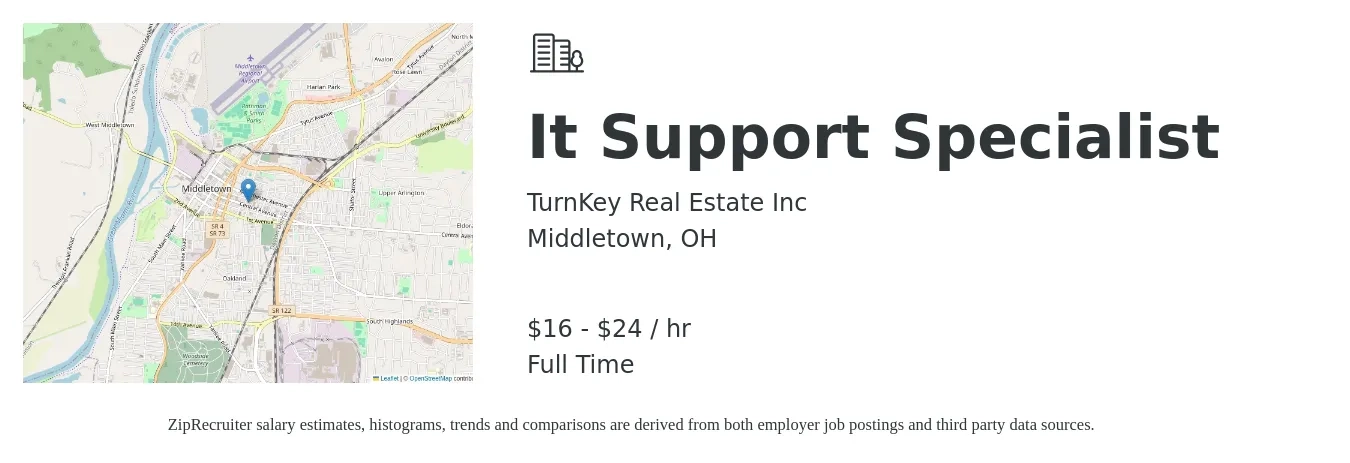 TurnKey Real Estate Inc job posting for a It Support Specialist in Middletown, OH with a salary of $17 to $25 Hourly with a map of Middletown location.