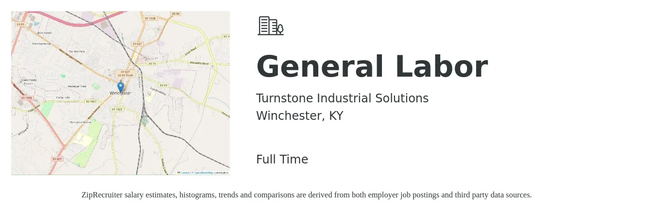 Turnstone Industrial Solutions job posting for a General Labor in Winchester, KY with a salary of $14 to $17 Hourly with a map of Winchester location.