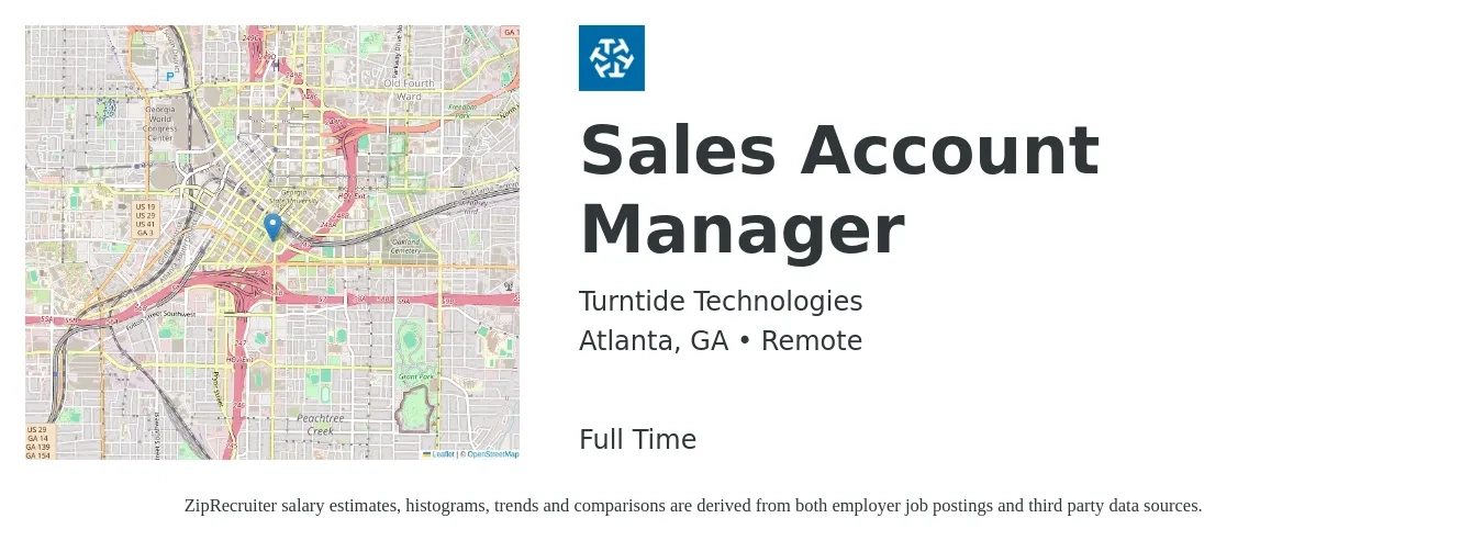 Turntide Technologies job posting for a Sales Account Manager in Atlanta, GA with a salary of $48,600 to $76,900 Yearly with a map of Atlanta location.