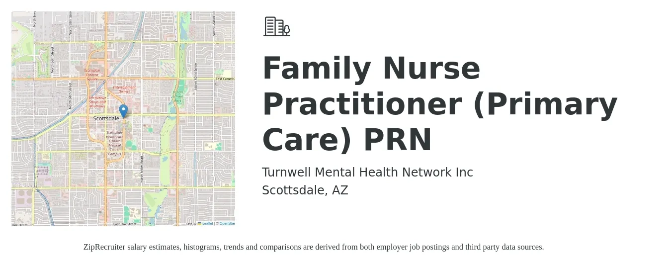 Turnwell Mental Health Network Inc job posting for a Family Nurse Practitioner (Primary Care) PRN in Scottsdale, AZ with a salary of $103,600 to $141,500 Yearly with a map of Scottsdale location.