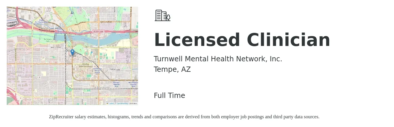Turnwell Mental Health Network Inc job posting for a Licensed Clinician in Tempe, AZ with a salary of $80,000 to $90,000 Yearly with a map of Tempe location.