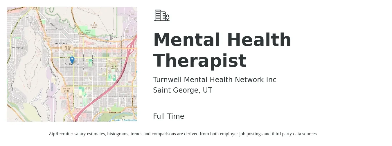 Turnwell Mental Health Network Inc job posting for a Mental Health Therapist in Saint George, UT with a salary of $53,400 to $75,700 Yearly with a map of Saint George location.