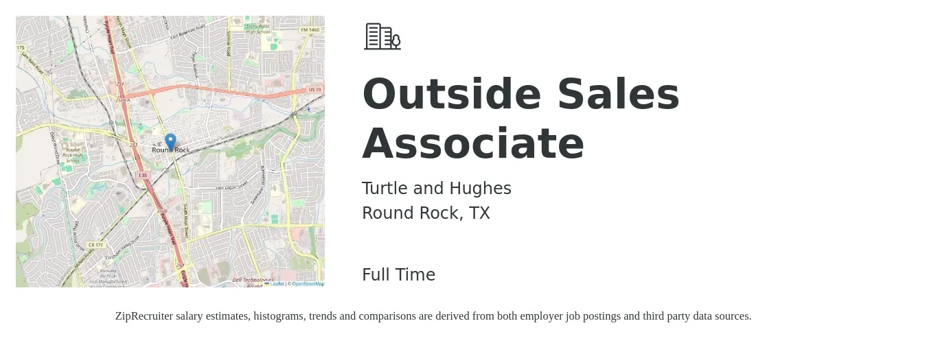 Turtle and Hughes job posting for a Outside Sales Associate in Round Rock, TX with a salary of $56,000 to $72,300 Yearly with a map of Round Rock location.