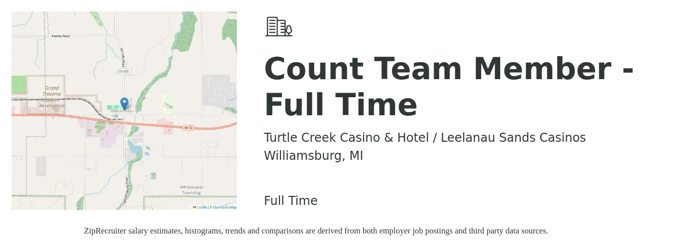 Turtle Creek Casino & Hotel / Leelanau Sands Casinos job posting for a Count Team Member - Full Time in Williamsburg, MI with a salary of $13 to $16 Hourly with a map of Williamsburg location.