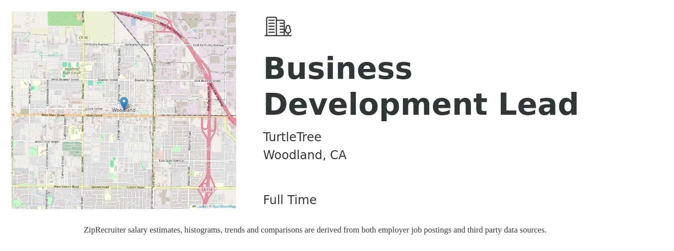 TurtleTree job posting for a Business Development Lead in Woodland, CA with a salary of $69,200 to $157,000 Yearly with a map of Woodland location.