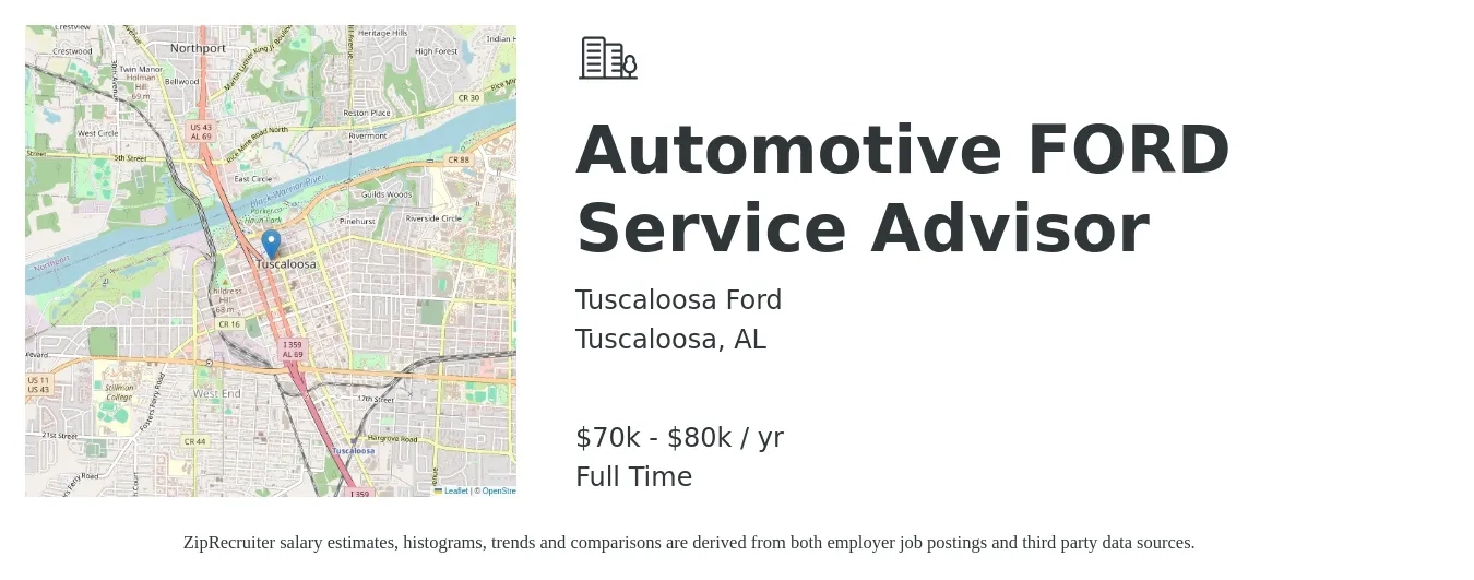 Tuscaloosa Ford job posting for a Automotive FORD Service Advisor in Tuscaloosa, AL with a salary of $70,000 to $80,000 Yearly with a map of Tuscaloosa location.