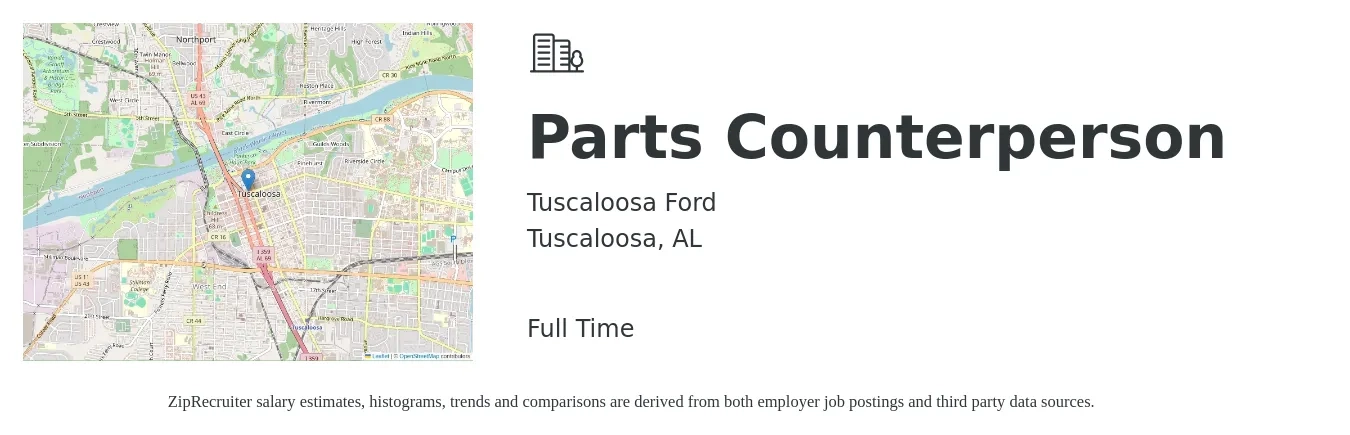 Tuscaloosa Ford job posting for a Parts Counterperson in Tuscaloosa, AL with a salary of $16 to $23 Hourly with a map of Tuscaloosa location.