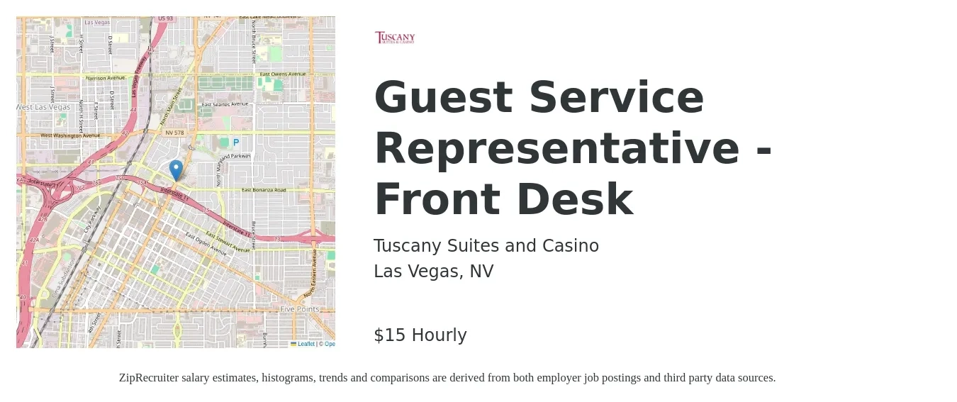 Tuscany Suites and Casino job posting for a Guest Service Representative - Front Desk in Las Vegas, NV with a salary of $16 Hourly with a map of Las Vegas location.