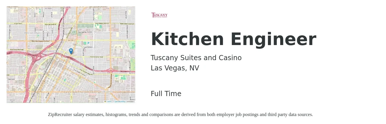 Tuscany Suites and Casino job posting for a Kitchen Engineer in Las Vegas, NV with a salary of $86,000 to $157,100 Yearly with a map of Las Vegas location.