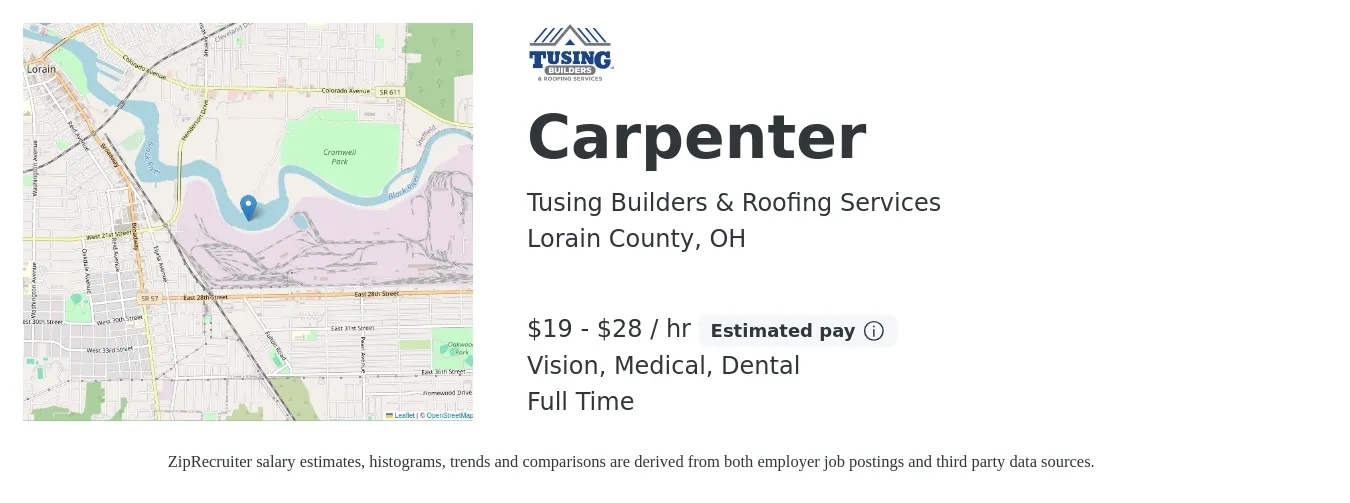 Tusing Builders & Roofing Services job posting for a Carpenter in Lorain County, OH with a salary of $20 to $30 Hourly and benefits including dental, life_insurance, medical, pto, retirement, and vision with a map of Lorain County location.