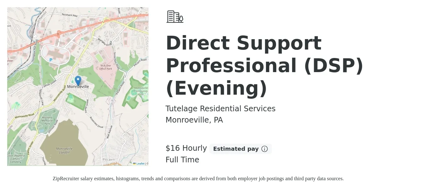 Tutelage Residential Services job posting for a Direct Support Professional (DSP) (Evening) in Monroeville, PA with a salary of $17 Hourly with a map of Monroeville location.