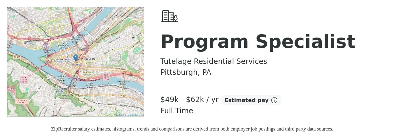 Tutelage Residential Services job posting for a Program Specialist in Pittsburgh, PA with a salary of $49,992 to $62,490 Yearly with a map of Pittsburgh location.