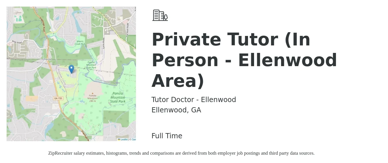 Tutor Doctor - Ellenwood job posting for a Private Tutor (In Person - Ellenwood Area) in Ellenwood, GA with a salary of $20 to $49 Hourly with a map of Ellenwood location.