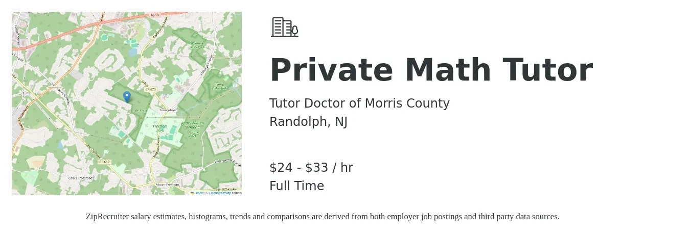Tutor Doctor of Morris County job posting for a Private Math Tutor in Randolph, NJ with a salary of $25 to $35 Hourly with a map of Randolph location.