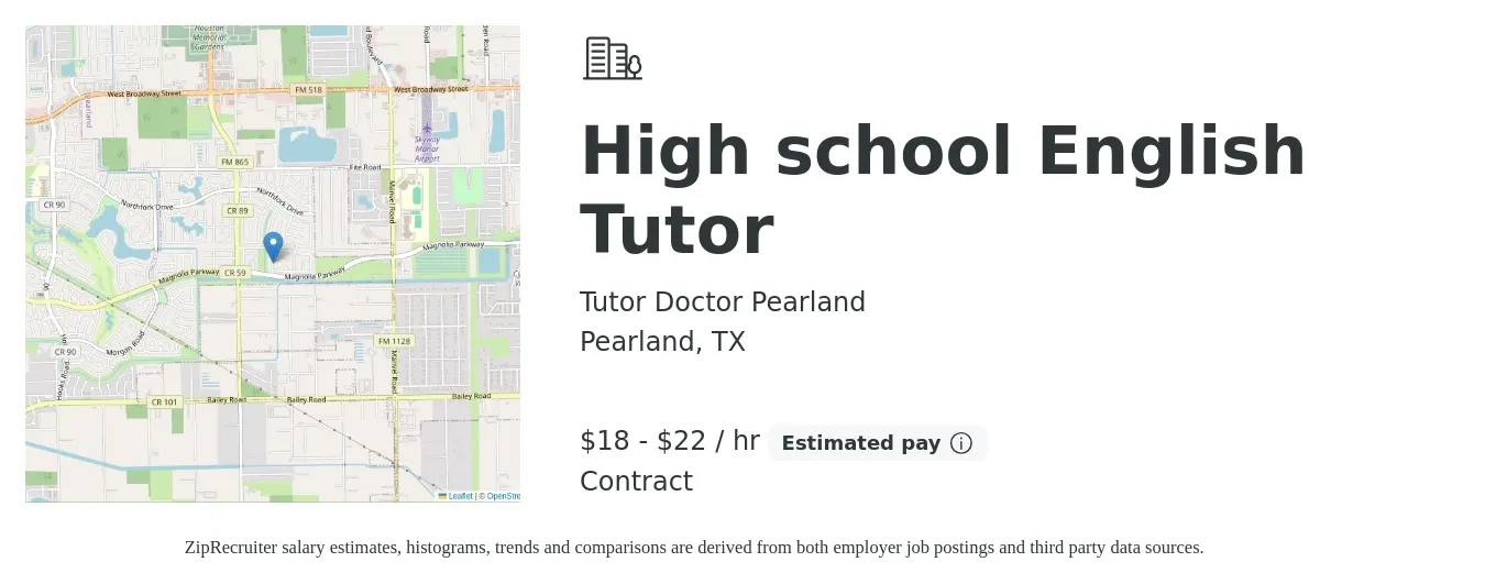 Tutor Doctor Pearland job posting for a High school English Tutor in Pearland, TX with a salary of $19 to $23 Hourly with a map of Pearland location.