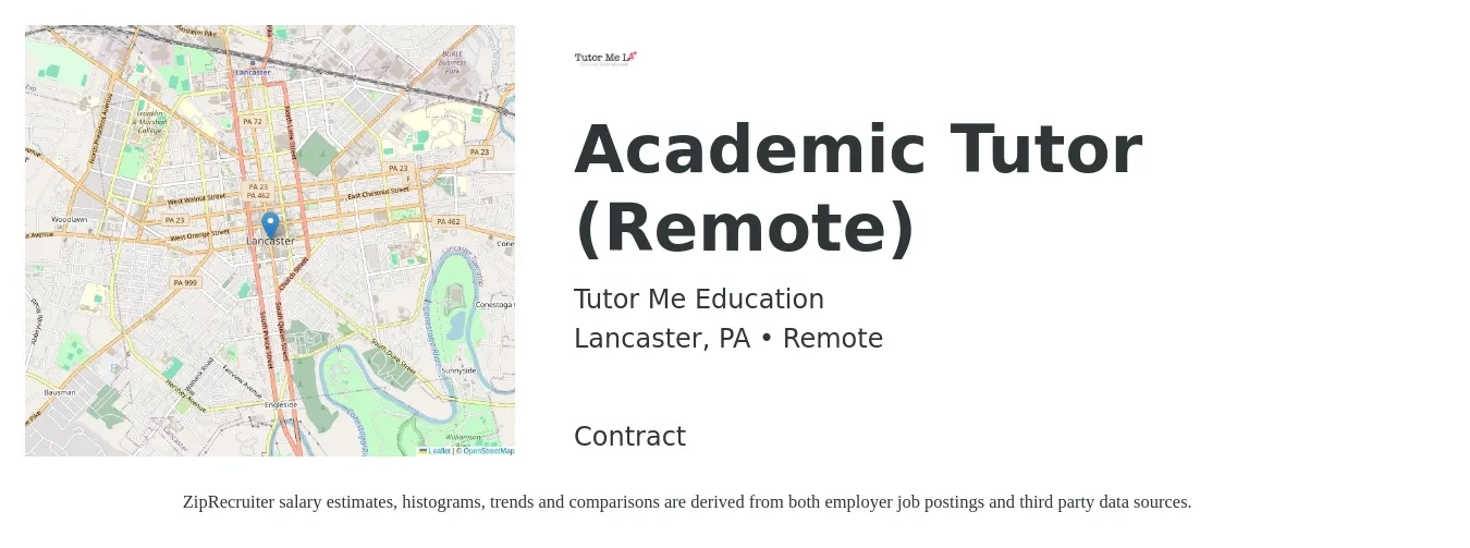 Tutor Me Education job posting for a Academic Tutor (Remote) in Lancaster, PA with a salary of $13 to $29 Hourly with a map of Lancaster location.