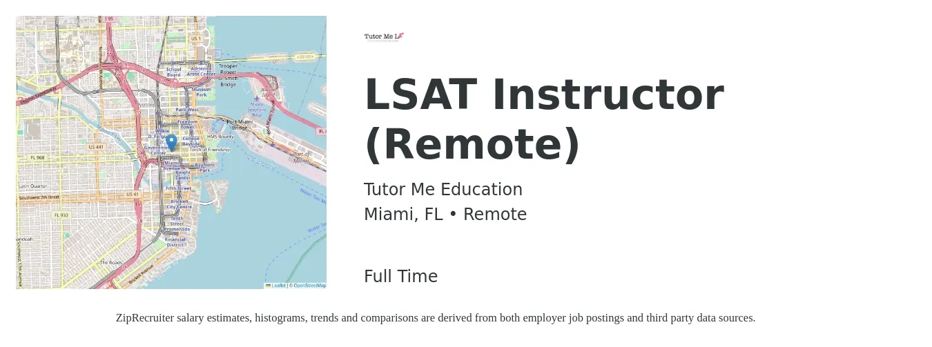 Tutor Me Education job posting for a LSAT Instructor (Remote) in Miami, FL with a salary of $20 to $48 Hourly with a map of Miami location.