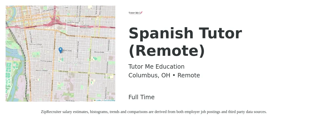 Tutor Me Education job posting for a Spanish Tutor (Remote) in Columbus, OH with a salary of $14 to $21 Hourly with a map of Columbus location.