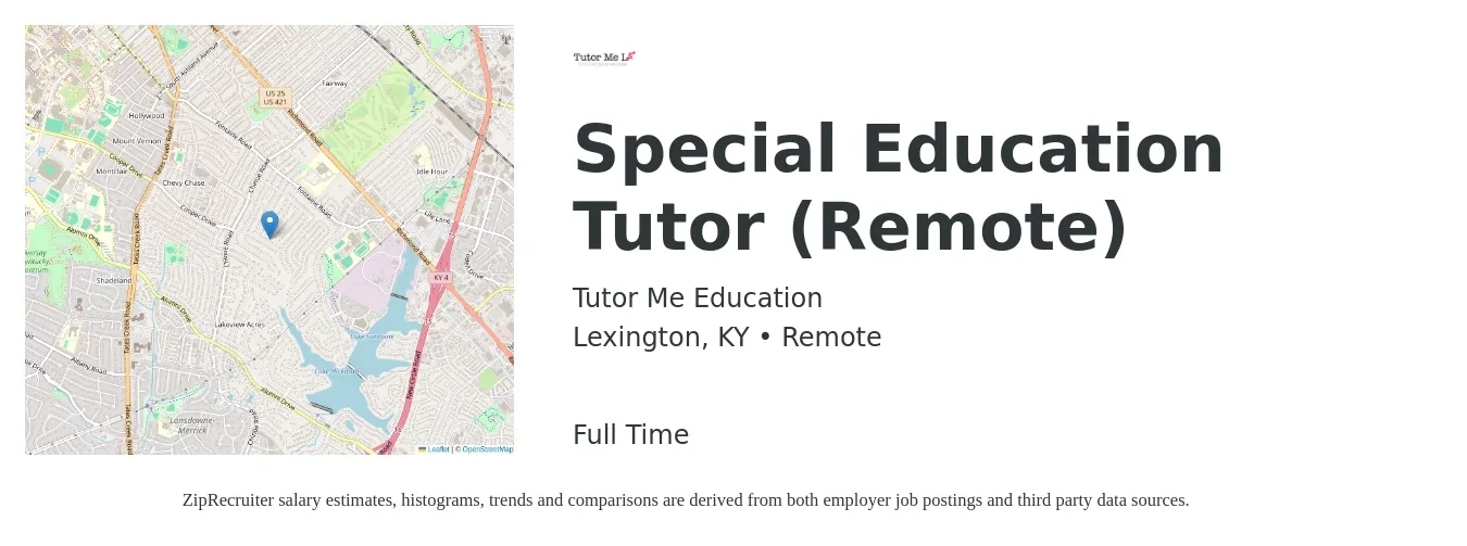 Tutor Me Education job posting for a Special Education Tutor (Remote) in Lexington, KY with a salary of $20 to $32 Hourly with a map of Lexington location.
