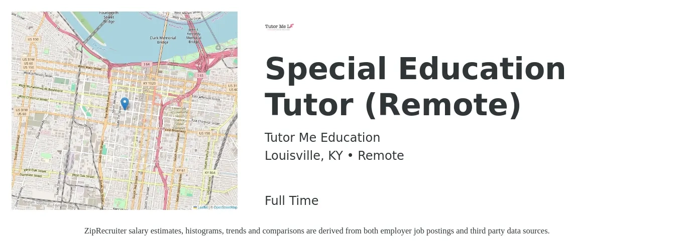 Tutor Me Education job posting for a Special Education Tutor (Remote) in Louisville, KY with a salary of $19 to $30 Hourly with a map of Louisville location.