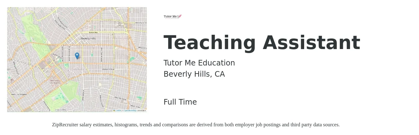 Tutor Me Education job posting for a Teaching Assistant in Beverly Hills, CA with a salary of $16 to $20 Hourly with a map of Beverly Hills location.