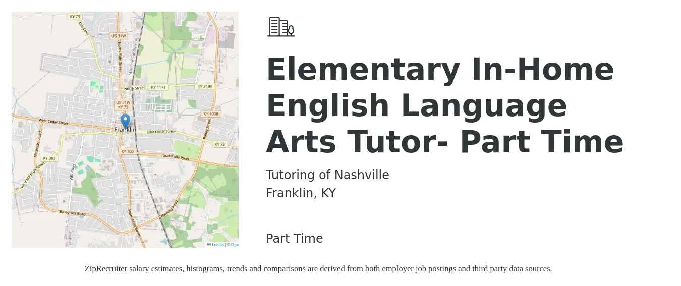Tutoring of Nashville job posting for a Elementary In-Home English Language Arts Tutor- Part Time in Franklin, KY with a salary of $17 to $22 Hourly with a map of Franklin location.