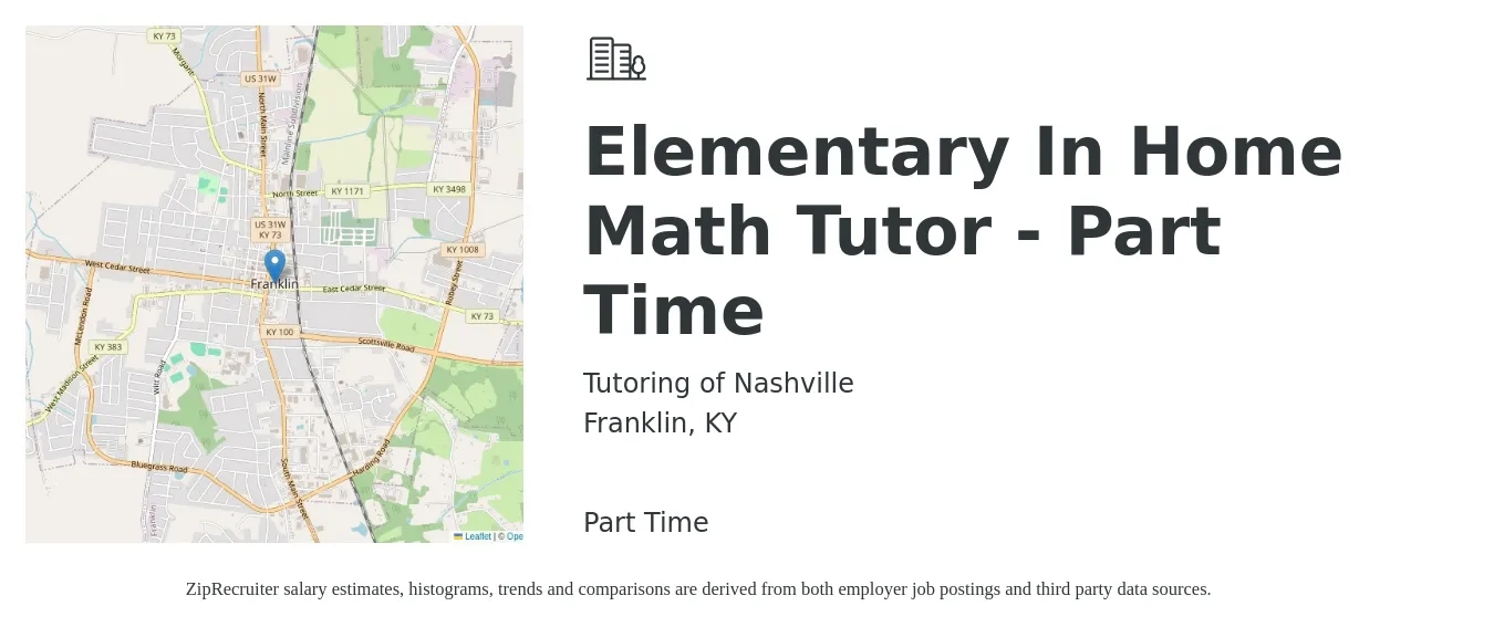 Tutoring of Nashville job posting for a Elementary In Home Math Tutor - Part Time in Franklin, KY with a salary of $25 to $27 Hourly with a map of Franklin location.