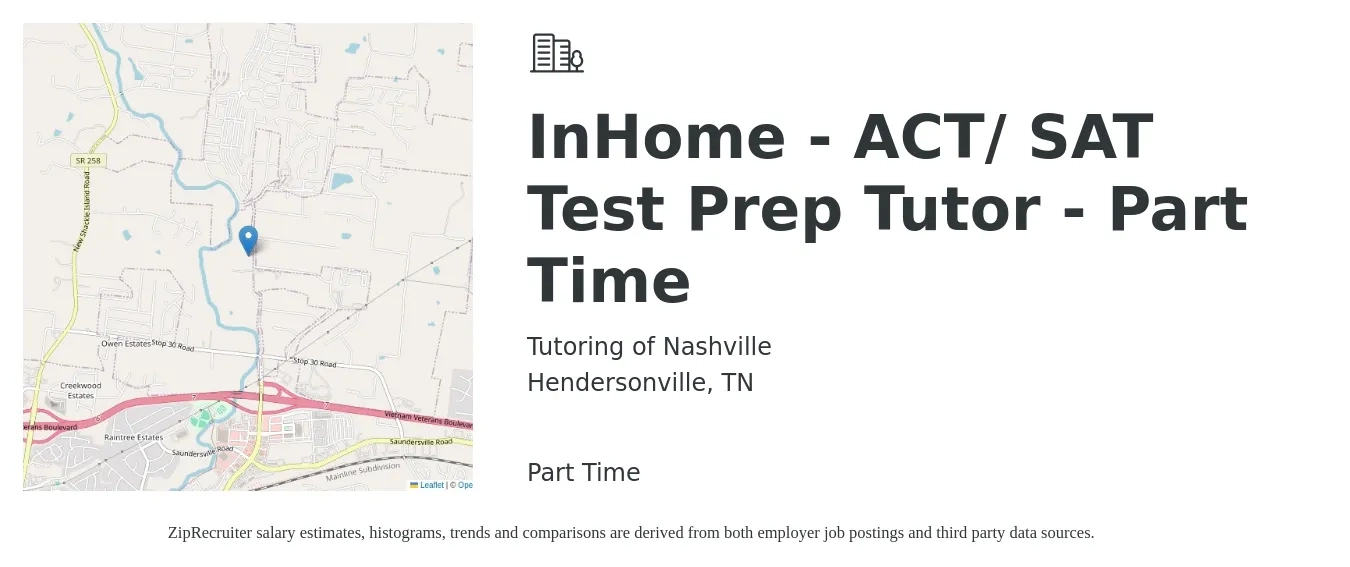 Tutoring of Nashville job posting for a InHome - ACT/ SAT Test Prep Tutor - Part Time in Hendersonville, TN with a salary of $19 to $46 Hourly with a map of Hendersonville location.
