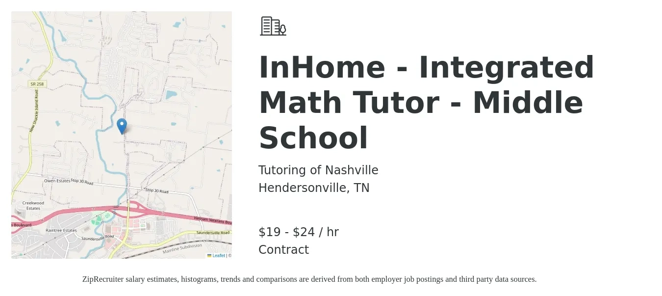 Tutoring of Nashville job posting for a InHome - Integrated Math Tutor - Middle School in Hendersonville, TN with a salary of $20 to $25 Hourly with a map of Hendersonville location.