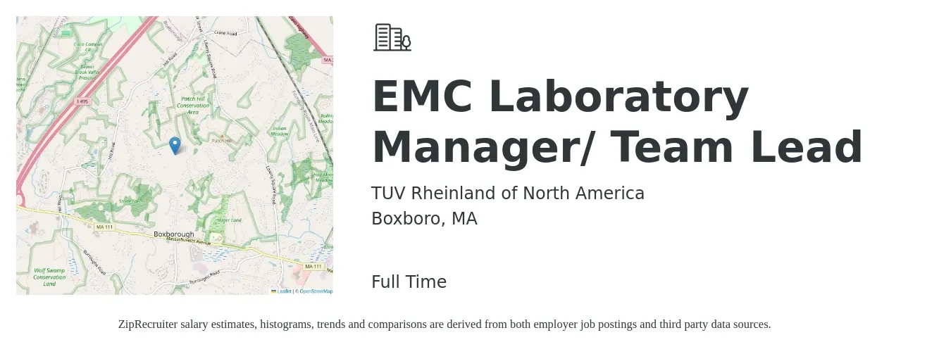 TUV Rheinland of North America job posting for a EMC Laboratory Manager/ Team Lead in Boxboro, MA with a salary of $18 to $23 Hourly with a map of Boxboro location.