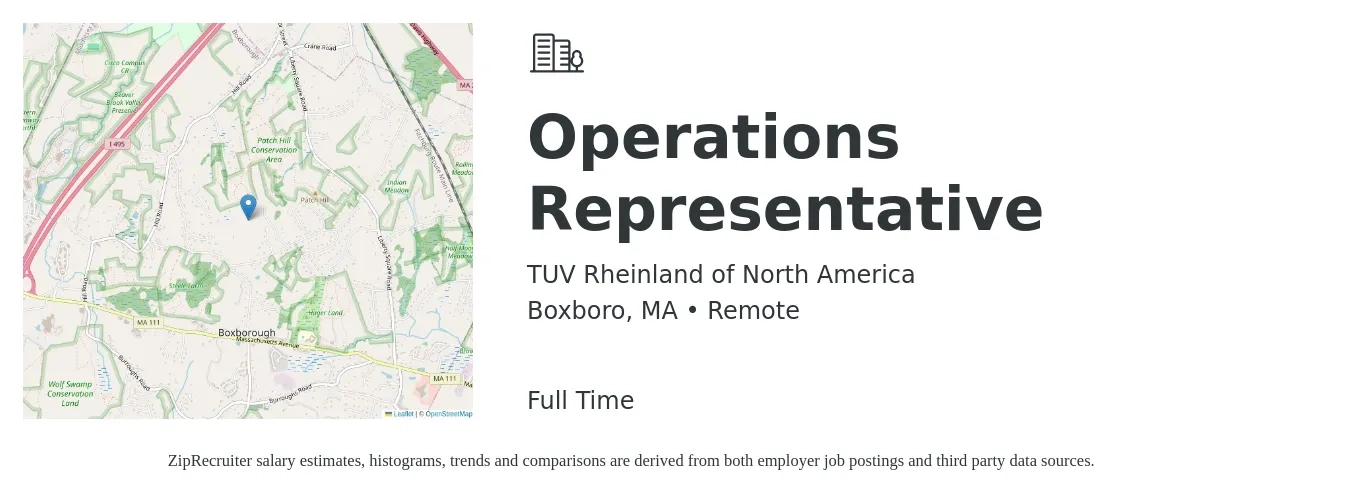 TUV Rheinland of North America job posting for a Operations Representative in Boxboro, MA with a salary of $17 to $24 Hourly with a map of Boxboro location.