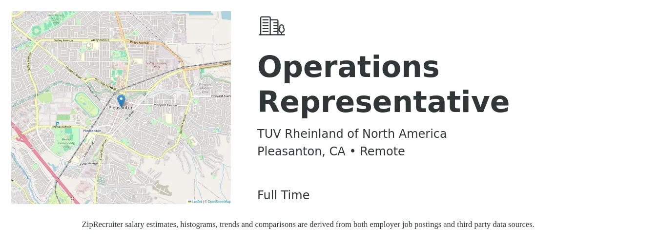 TUV Rheinland of North America job posting for a Operations Representative in Pleasanton, CA with a salary of $20 to $28 Hourly with a map of Pleasanton location.