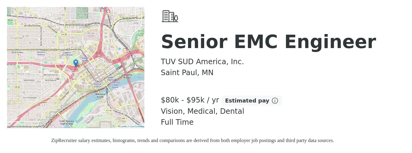 TUV SUD America, Inc. job posting for a Senior EMC Engineer in Saint Paul, MN with a salary of $80,000 to $95,000 Yearly and benefits including retirement, vision, dental, life_insurance, and medical with a map of Saint Paul location.