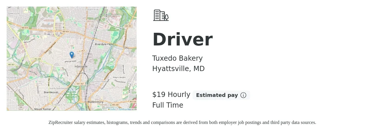 Tuxedo Bakery job posting for a Driver in Hyattsville, MD with a salary of $20 Hourly with a map of Hyattsville location.