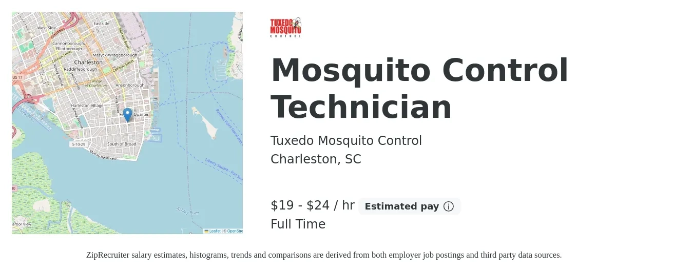 Tuxedo Mosquito Control job posting for a Mosquito Control Technician in Charleston, SC with a salary of $20 to $25 Hourly with a map of Charleston location.