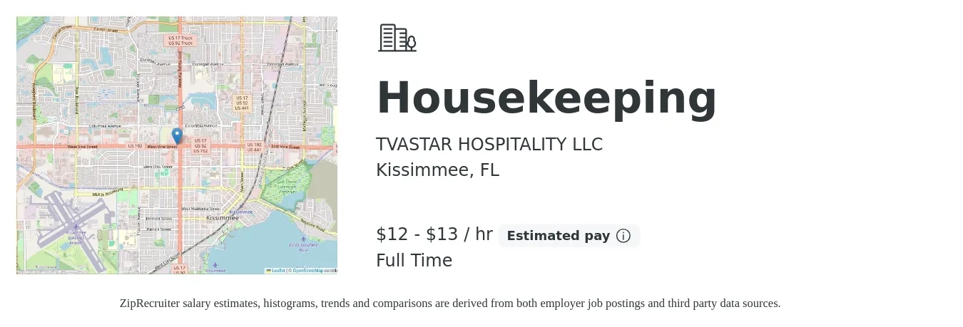 TVASTAR HOSPITALITY LLC job posting for a Housekeeping in Kissimmee, FL with a salary of $13 to $14 Hourly with a map of Kissimmee location.