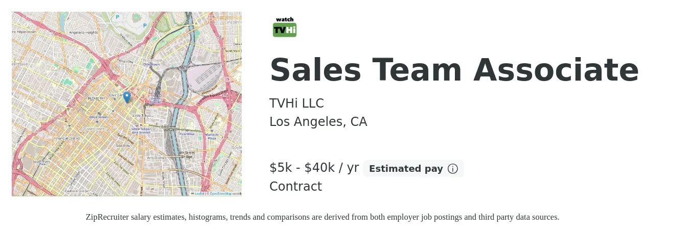 TVHi LLC job posting for a Sales Team Associate in Los Angeles, CA with a salary of $5,000 to $40,000 Yearly with a map of Los Angeles location.