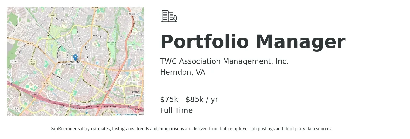 TWC Association Management, Inc. job posting for a Portfolio Manager in Herndon, VA with a salary of $75,000 to $85,000 Yearly with a map of Herndon location.