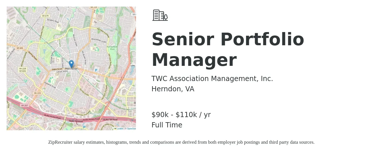 TWC Association Management, Inc. job posting for a Senior Portfolio Manager in Herndon, VA with a salary of $90,000 to $110,000 Yearly with a map of Herndon location.