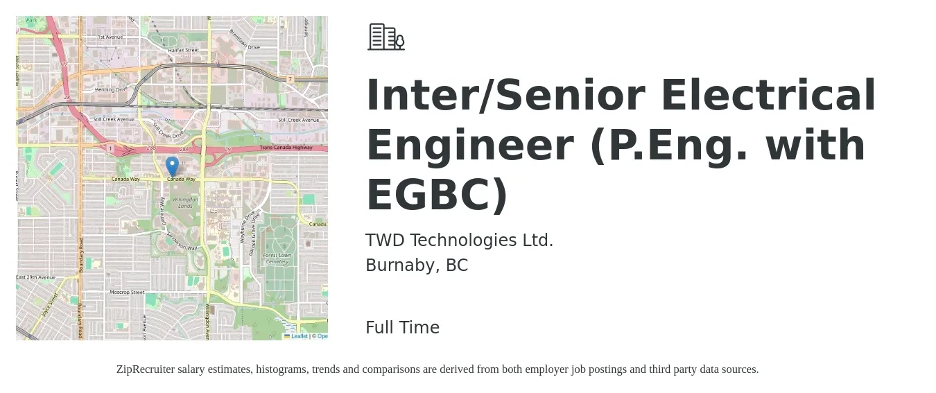 TWD Technologies Ltd. job posting for a Inter/Senior Electrical Engineer (P.Eng. with EGBC) in Burnaby, BC with a map of Burnaby location.
