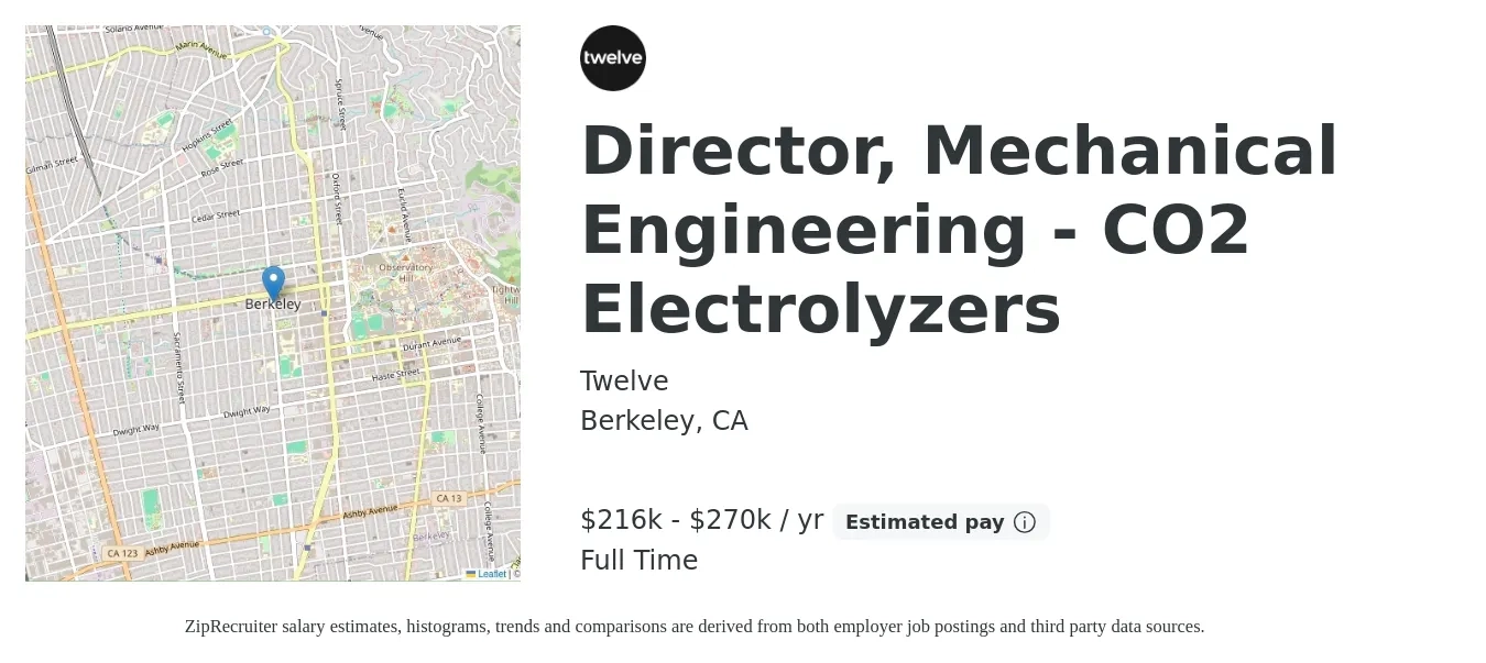 Twelve job posting for a Director, Mechanical Engineering - CO2 Electrolyzers in Berkeley, CA with a salary of $187,300 to $240,600 Yearly with a map of Berkeley location.